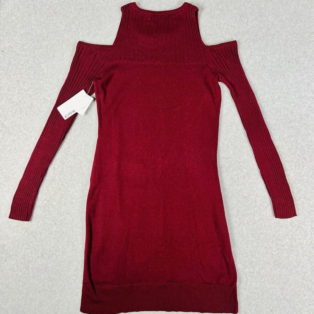 JustFab Sweater Dress Womens Small Burgundy Cold Shoulder Ribbed Bodycon Mini - Picture 3 of 13